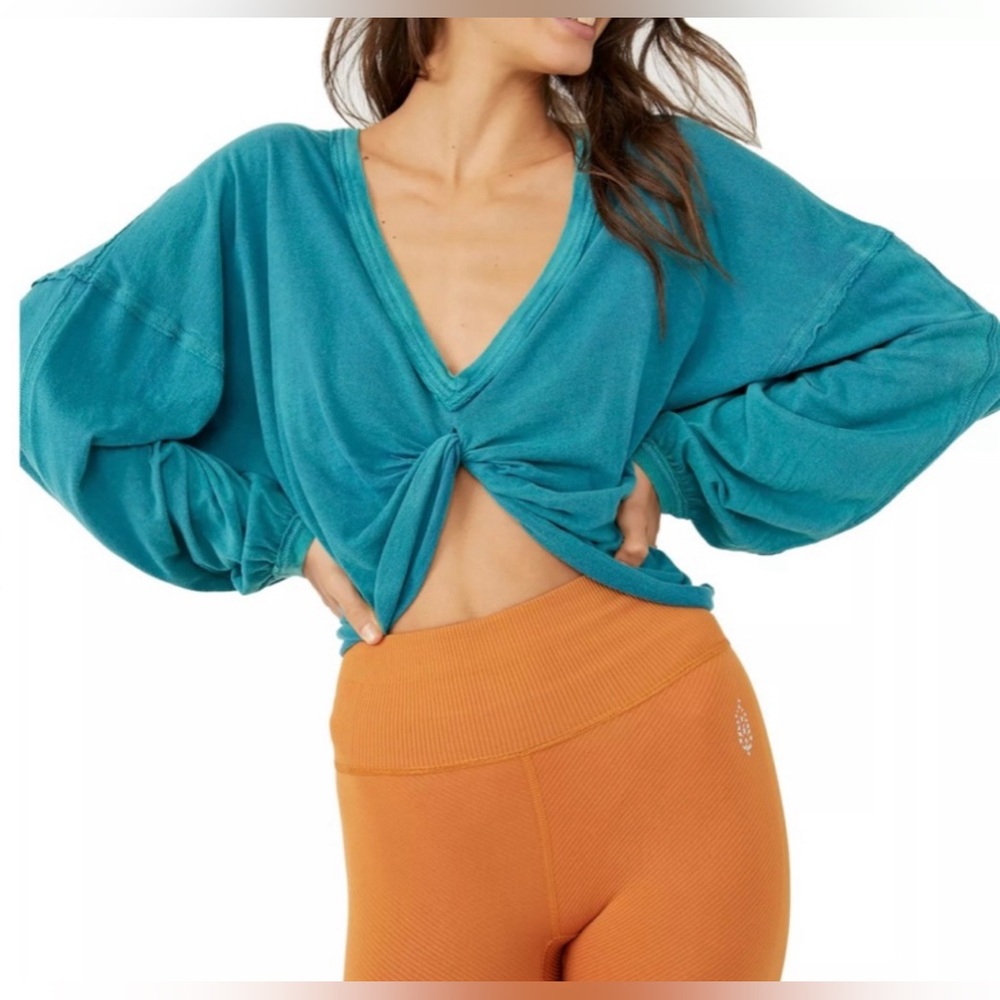 Free People Moon Rising Teal Knotted Top